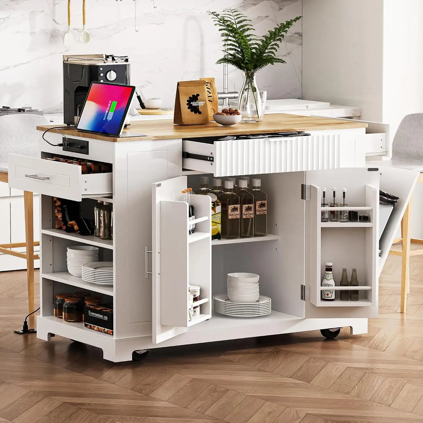 Rolling Kitchen Island With Power Outlet And Drop Leaf