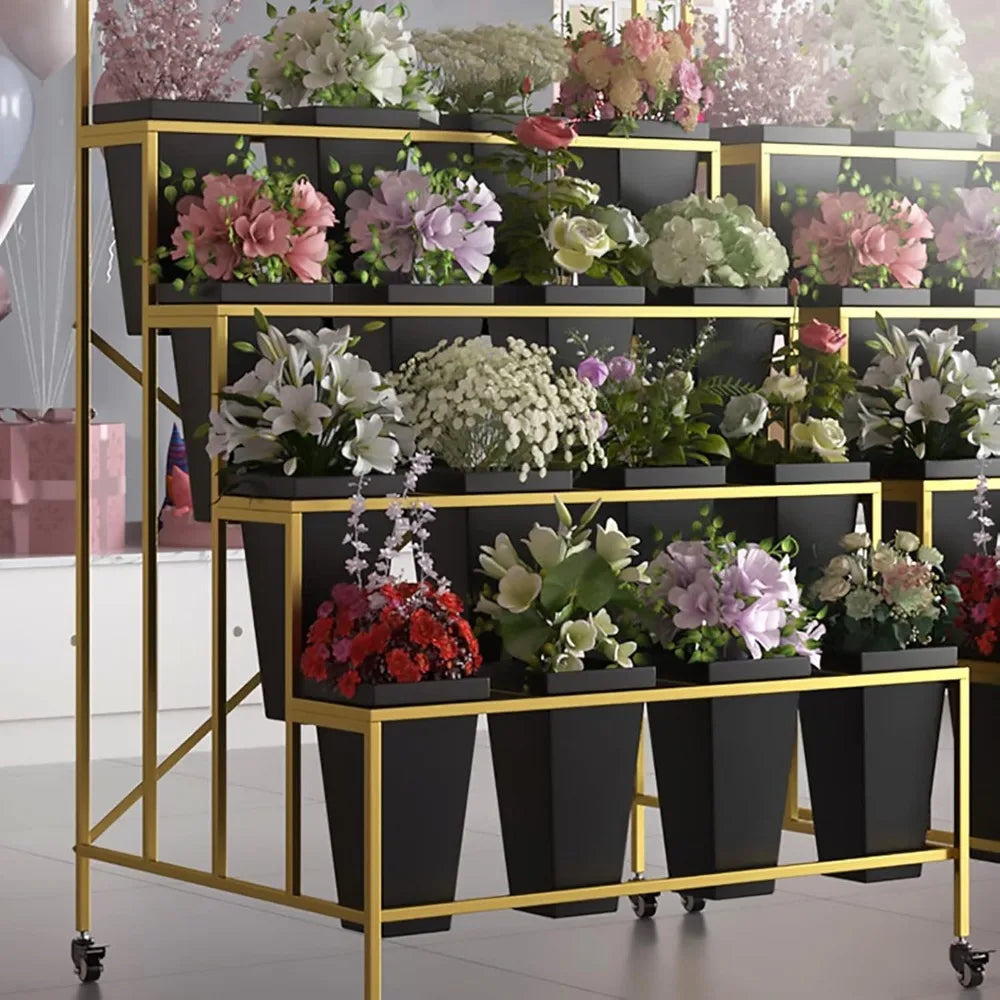 RBXC 3-Tier Metal Flower Stand With Buckets And Wheels
