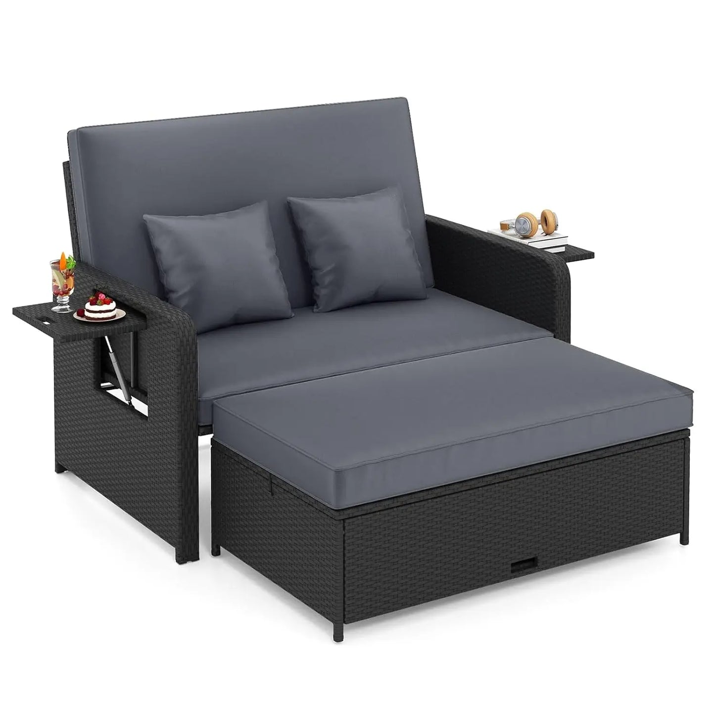 XIAOLANG Outdoor Patio Rattan Daybed With Cushions And Storage Ottoman