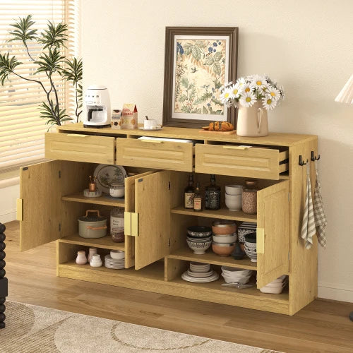 Farmhouse Style Sideboard With 3 Drawers And Open Shelves