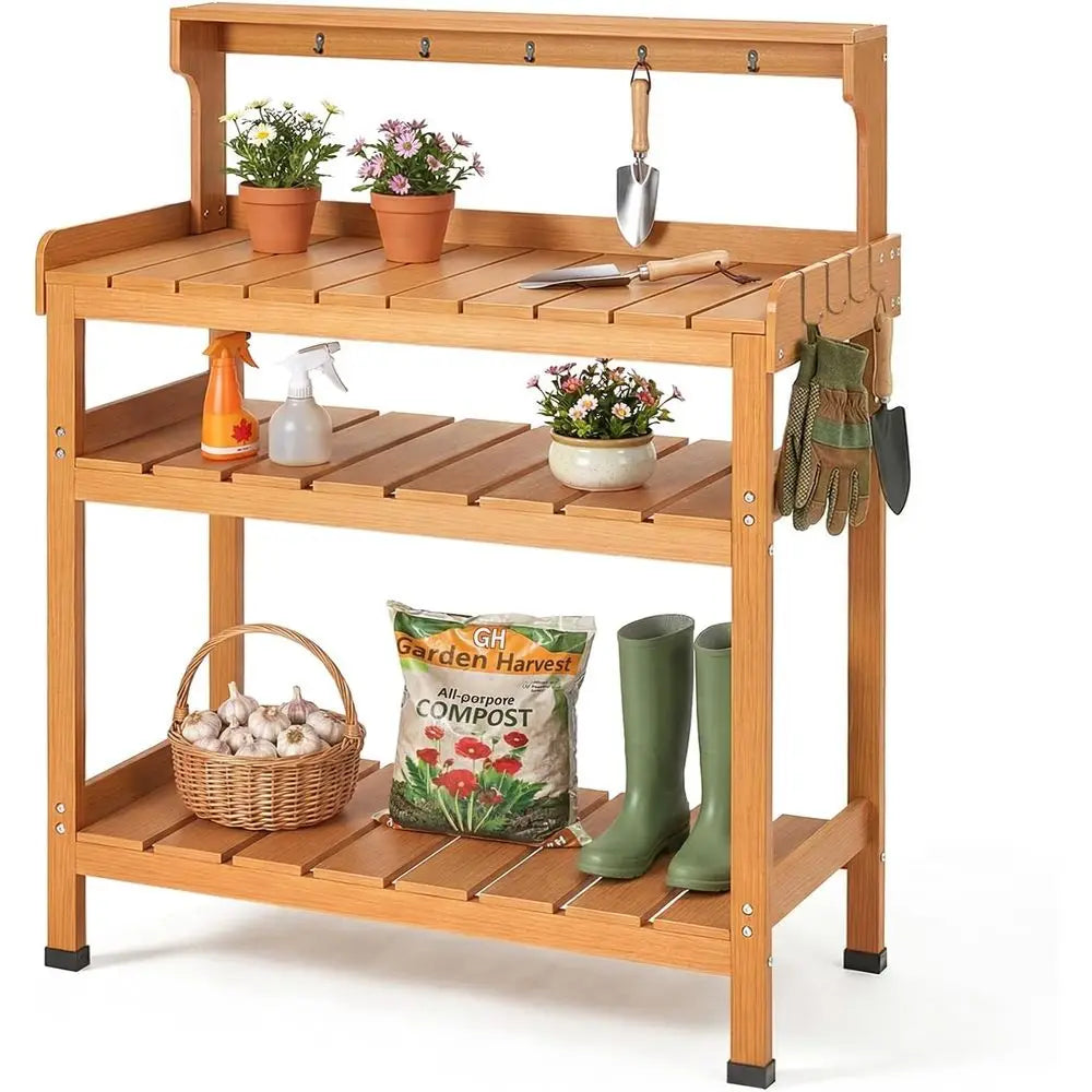 Potting Bench Table With 9 Hooks Outdoor Garden Workstation