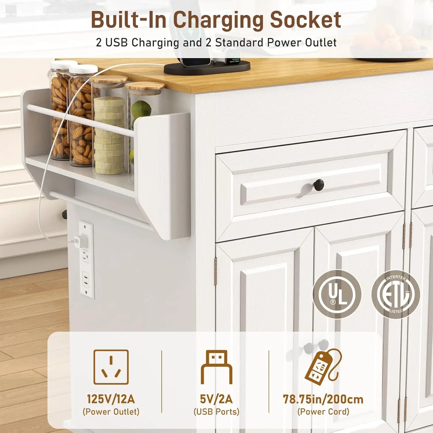 Extendable Kitchen Island With Dining Table And Power Outlet