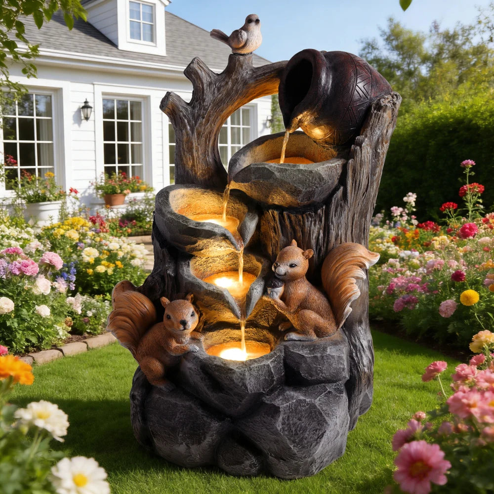 Squirrel Tree Stump Waterfall Fountain With Lights For Garden Patio