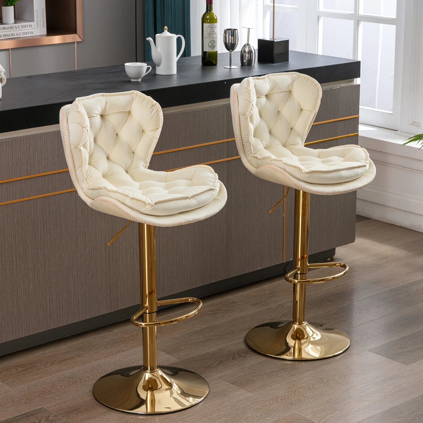 PIYRQ Velvet Bar Stools Set Modern Upholstered Swivel