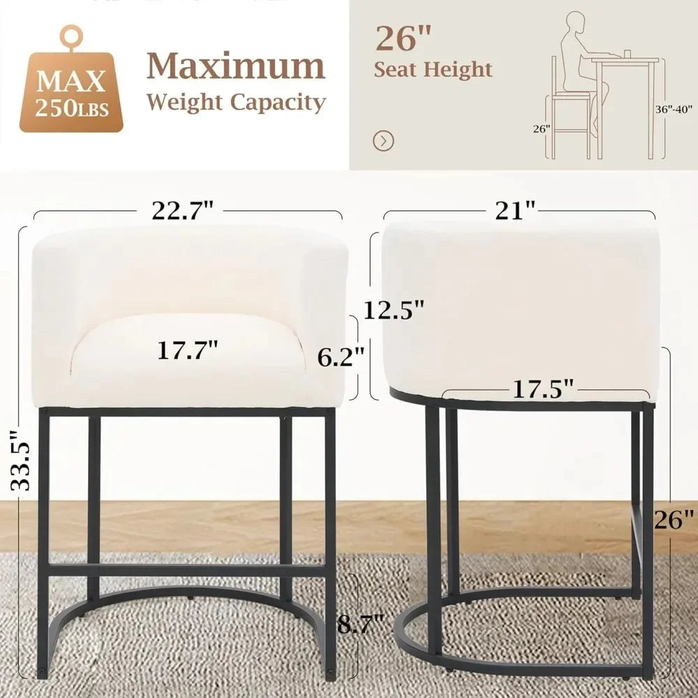 Modern Barrel Counter Stool Set Of 2 With Backrest And Arms Linen Upholstered