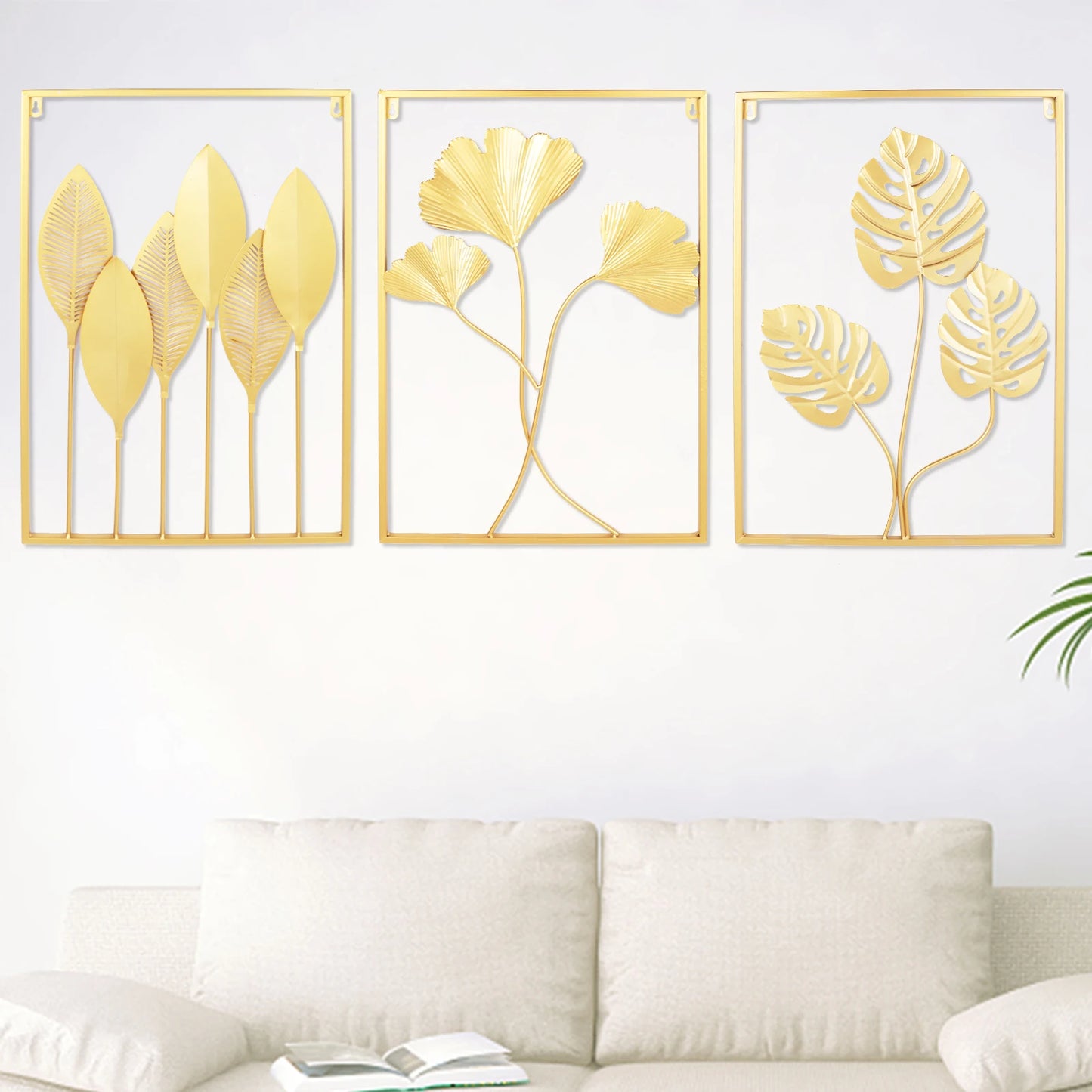 Bymaocar Gold Metal Wall Art Set With Three Leaf Patterns