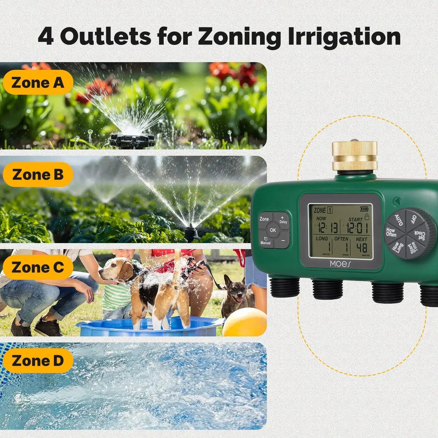 MOES Digital Water Timer 1/3/4 Outlet Irrigation Controller IPX5 Waterproof