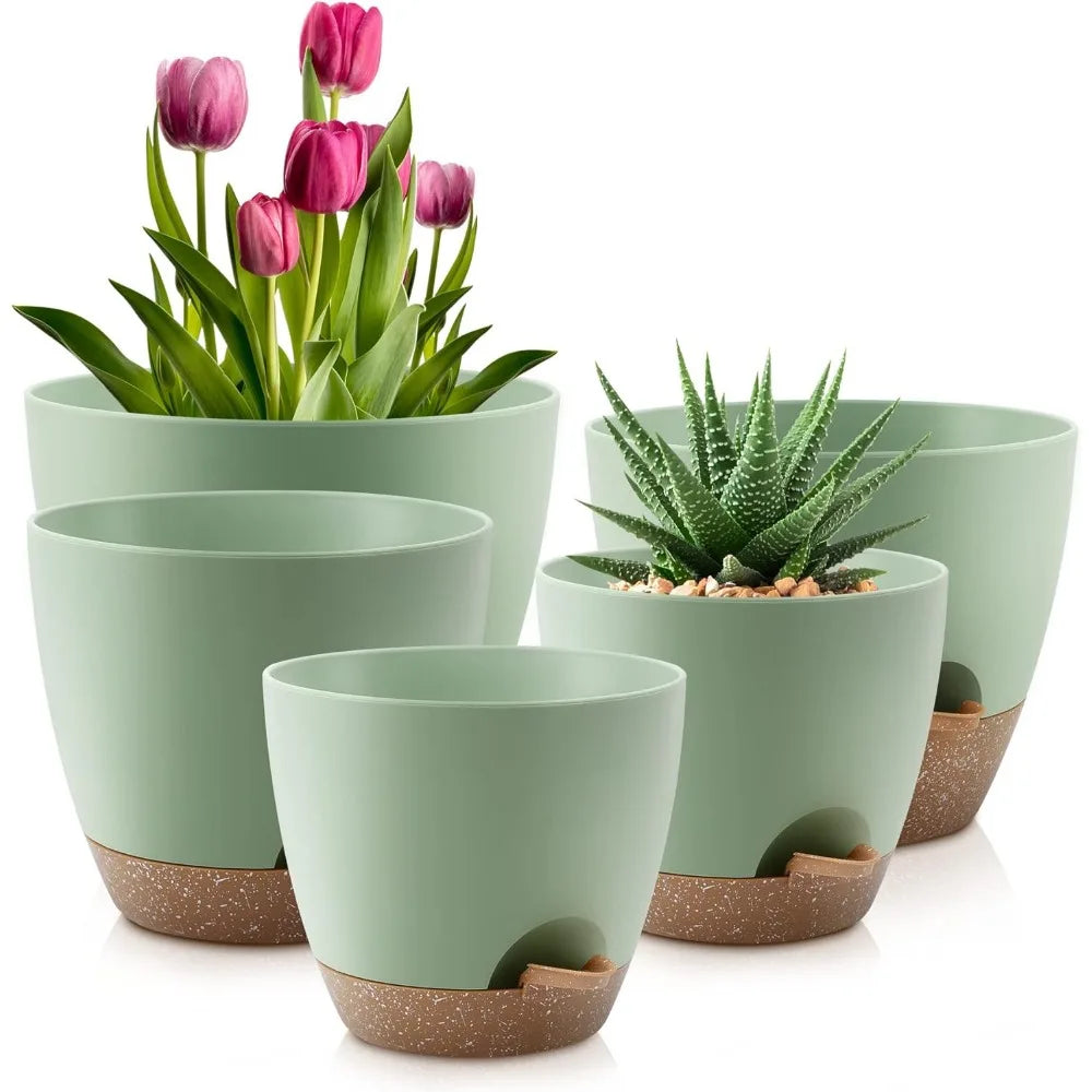 NBVCX Self Watering Plant Pots Set Of 5 With Drainage Saucers