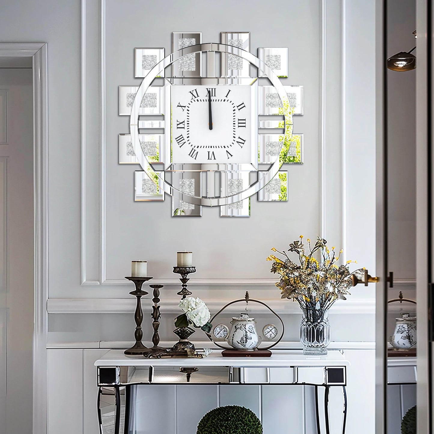 Crushed Diamond Mirrored Wall Clock With Roman Numerals