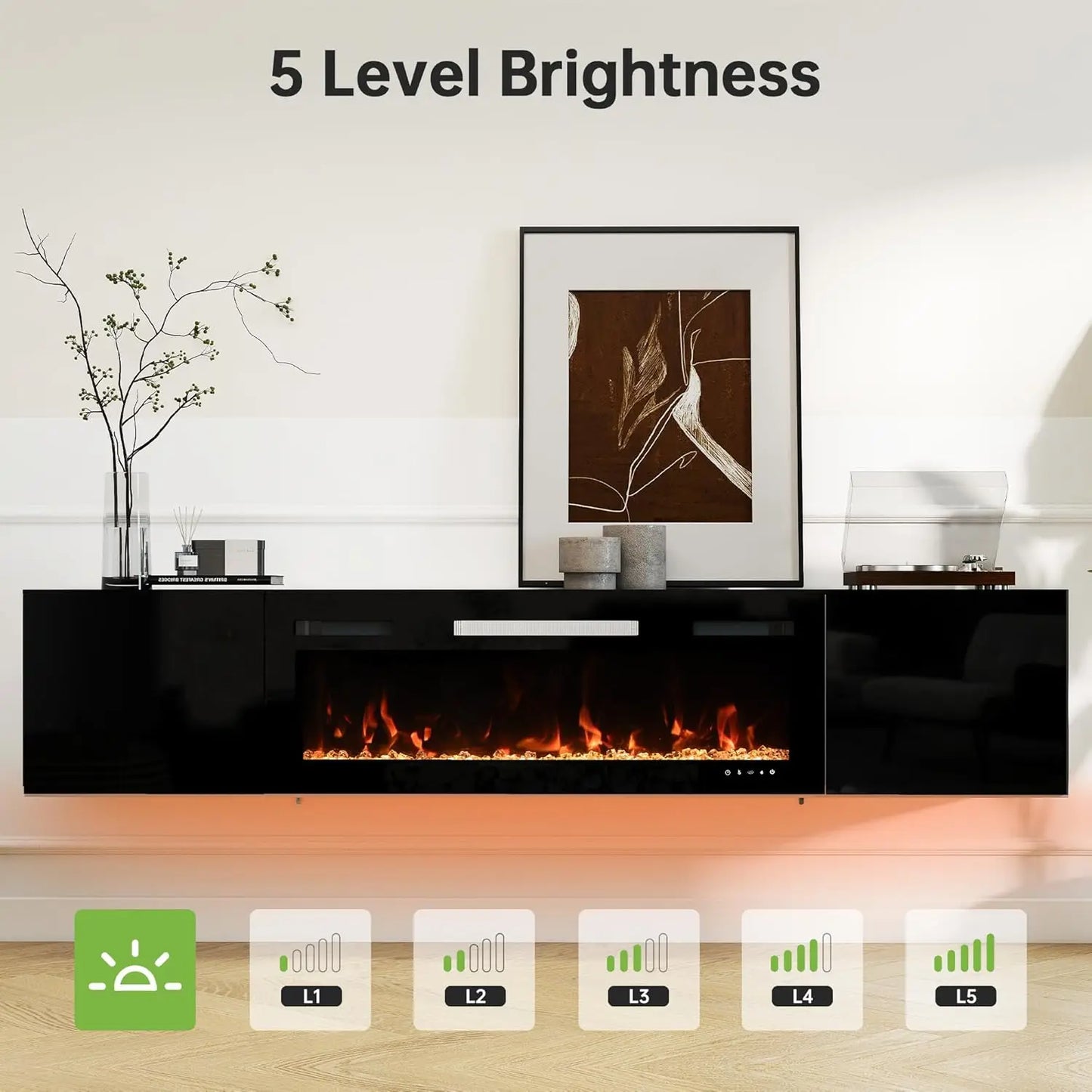 Floating TV Stand With Electric Fireplace And Storage