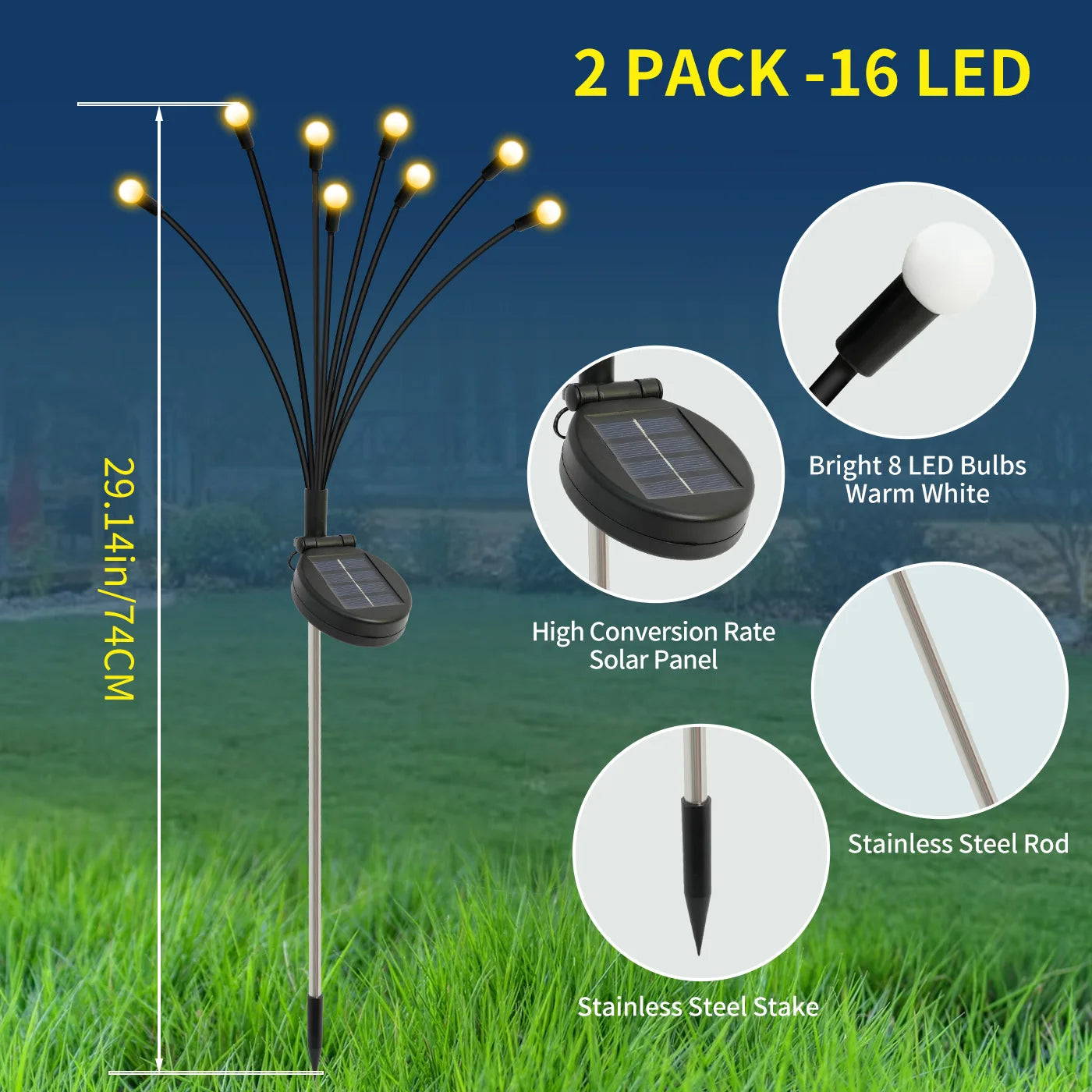 2-Pack 8-Head Solar Firefly Lights Outdoor Pathway Decorative IP65 Waterproof