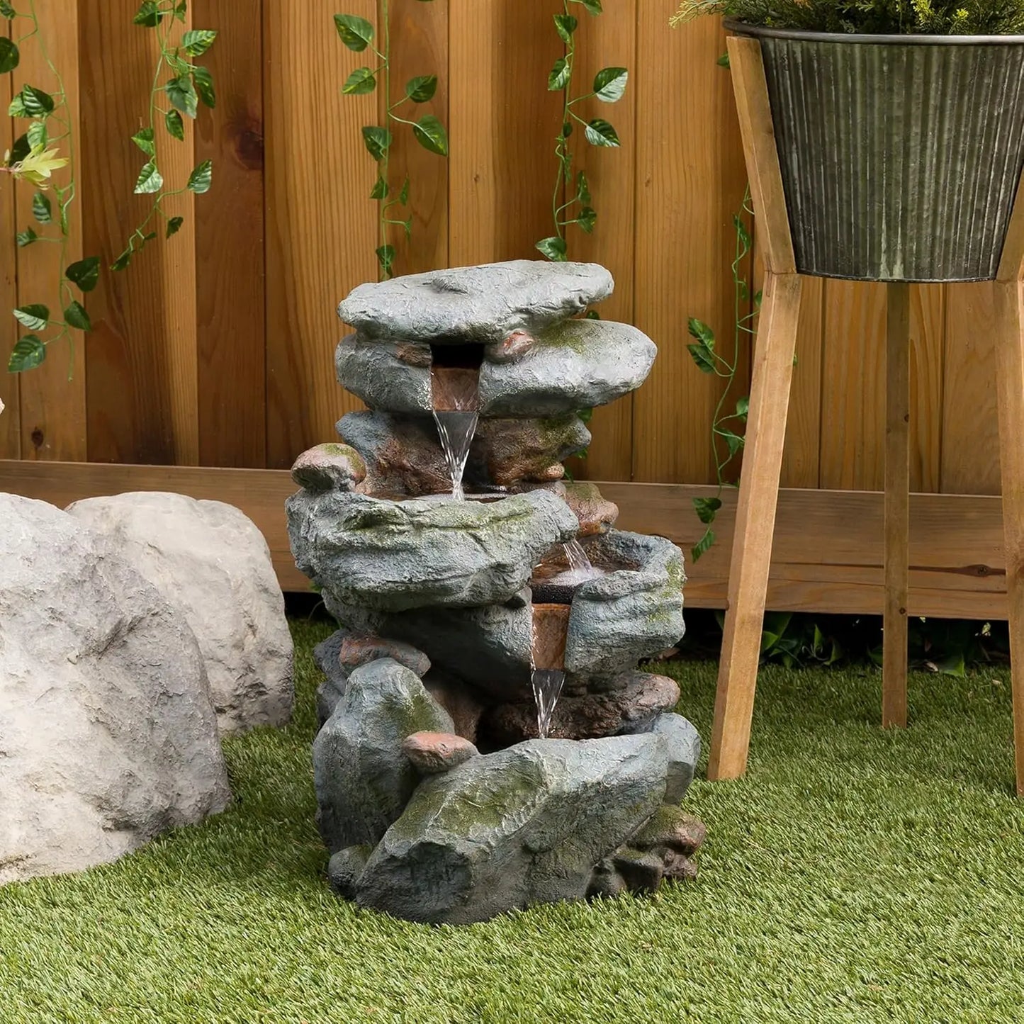 Outdoor Rock Waterfall Fountain With LED Lights, 3-Tier