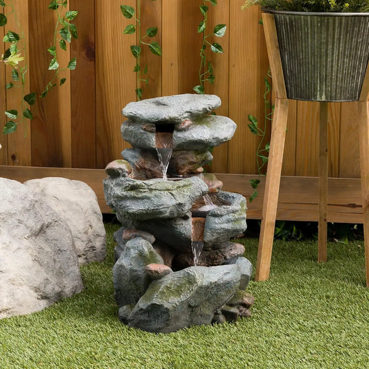 Outdoor Rock Waterfall Fountain With LED Lights, 3-Tier