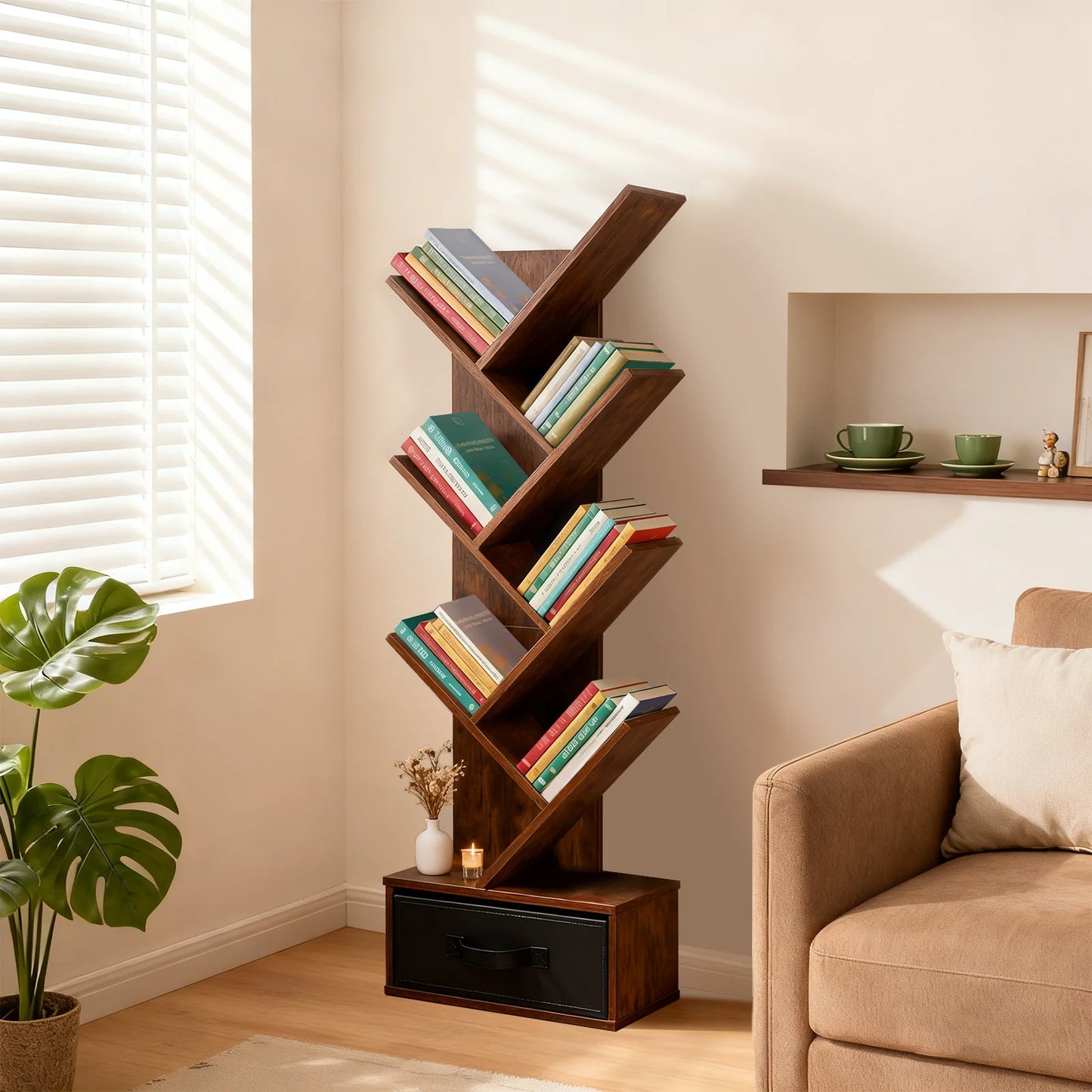 JHK Geometric Wooden Book Rack With Drawer Bookshelf For Home