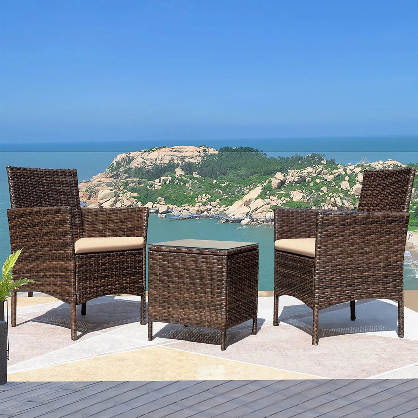 XIAOLANG 3 Piece Outdoor Patio Rattan Wicker Furniture Set
