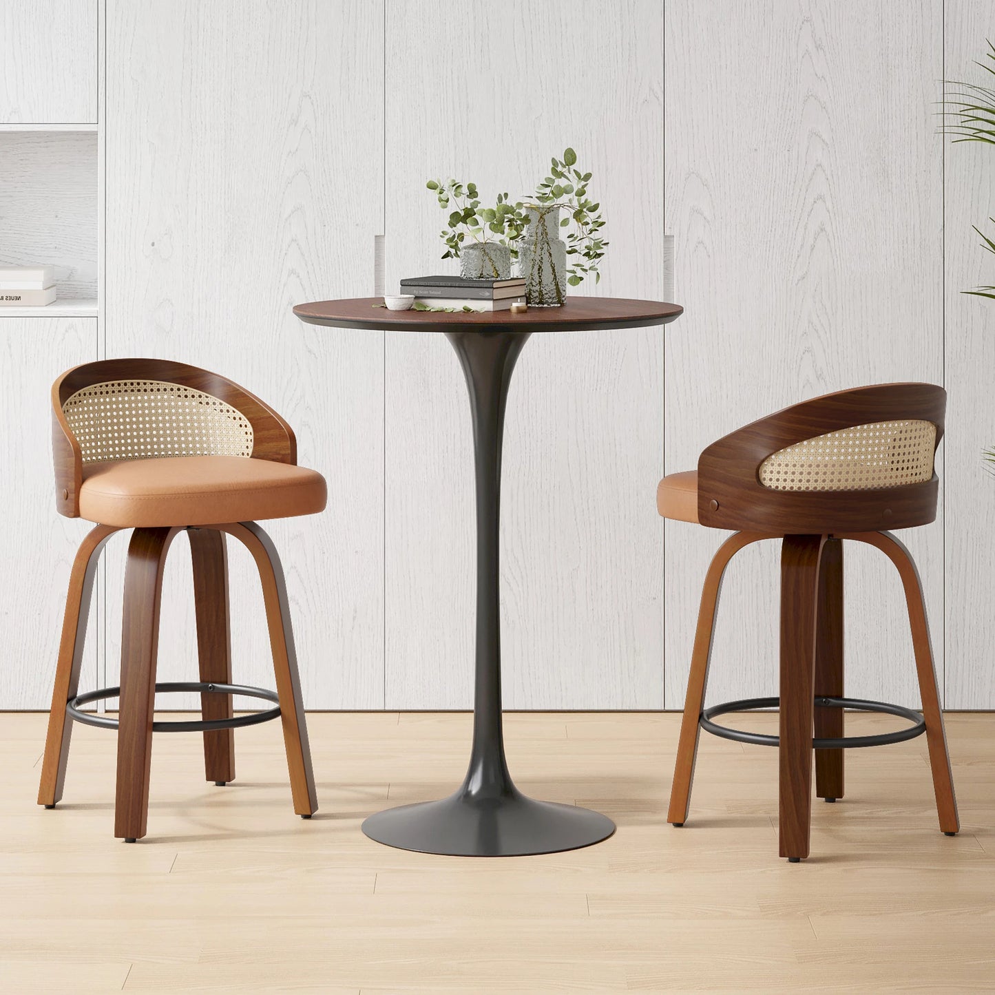 FARINI 2 Bar Stools With Rattan Back And PU Leather