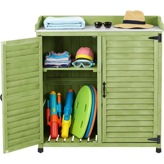 Outdoor Potting Bench With Metal Work Top And Waterproof Cabinet