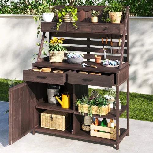 Fir Wood Potting Bench With Five Drawers And Cabinet
