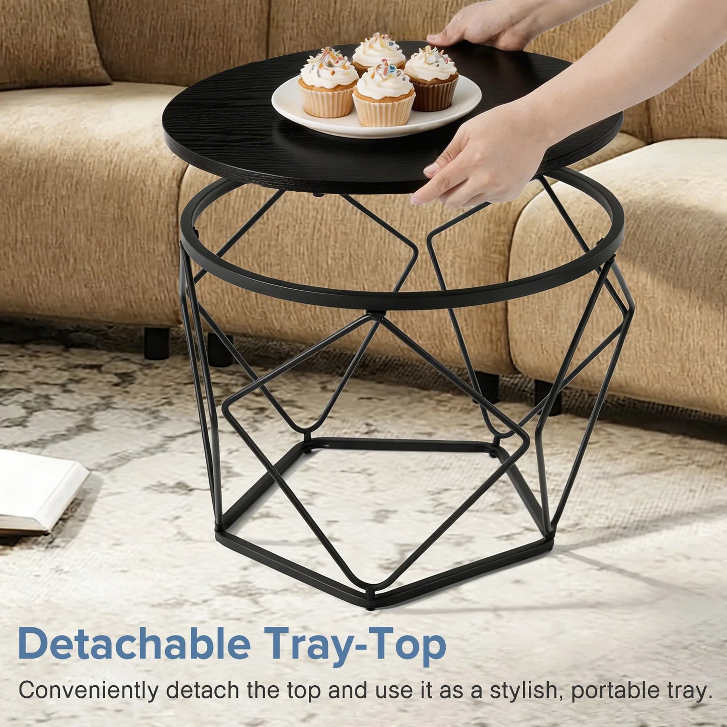 JHK Round Geometric Coffee Tables Set 2 With Hidden Storage
