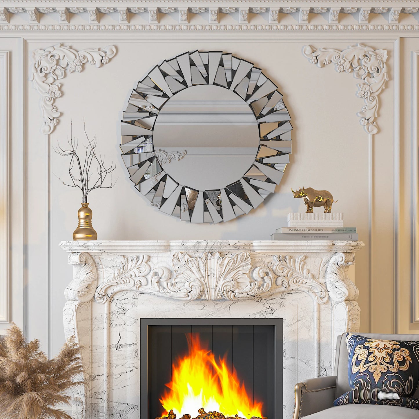 Sunburst Round Mirror Wall Decor With Beveled Glass