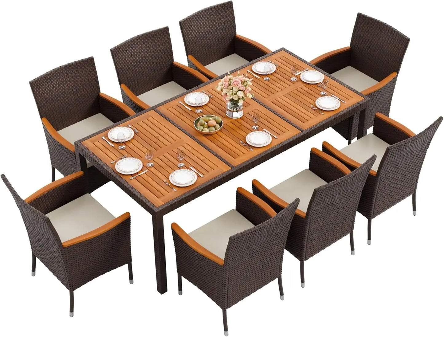 Acacia Wood Patio Dining Set With Cushions And Wicker Outdoor Furniture