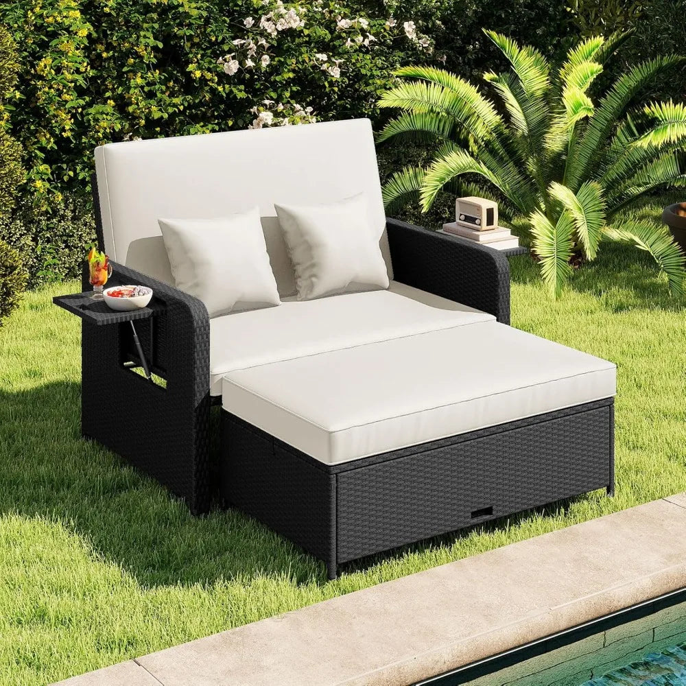 XIAOLANG Outdoor Patio Rattan Daybed With Cushions And Storage Ottoman