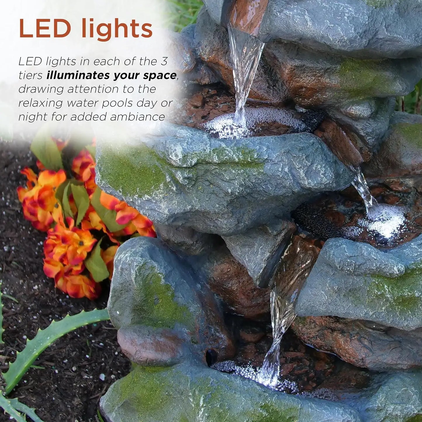 Outdoor Rock Waterfall Fountain With LED Lights, 3-Tier