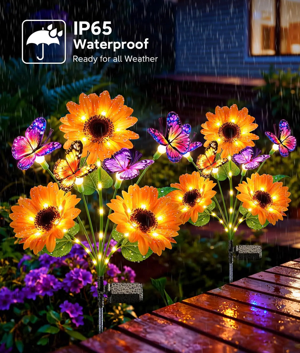 Solar Sunflower Garden Lights Four Pack Butterflies Outdoor Decor