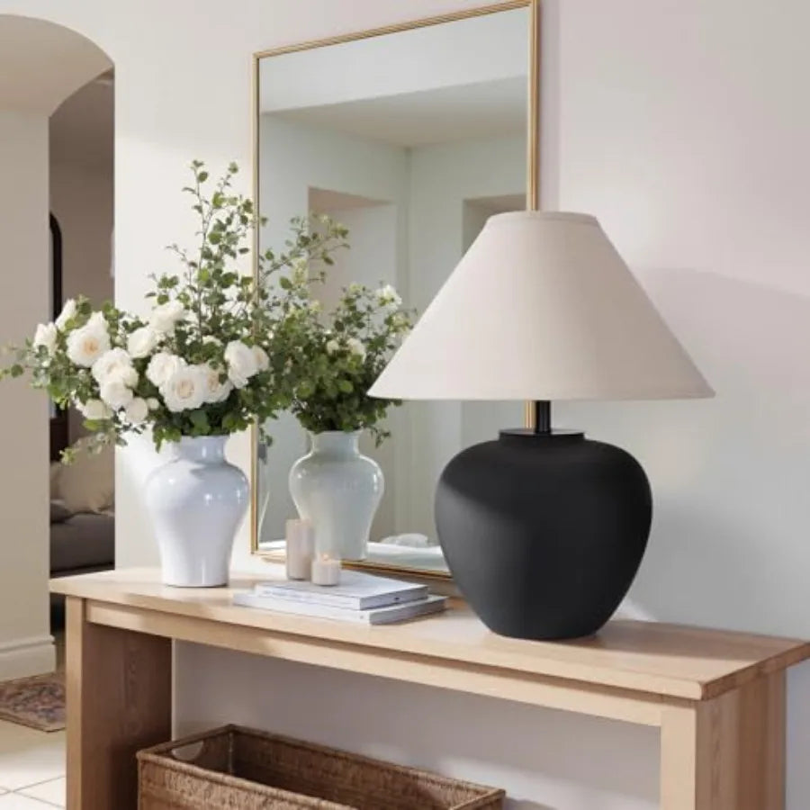 Ceramic Pot Table Lamp With Frosted Shade Nightstand