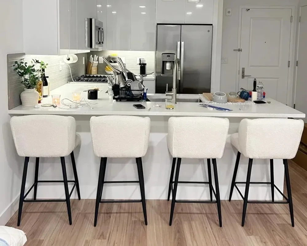 Modern Counter Height Bar Stools Set Of 2 Faux Sherpa Upholstered Back