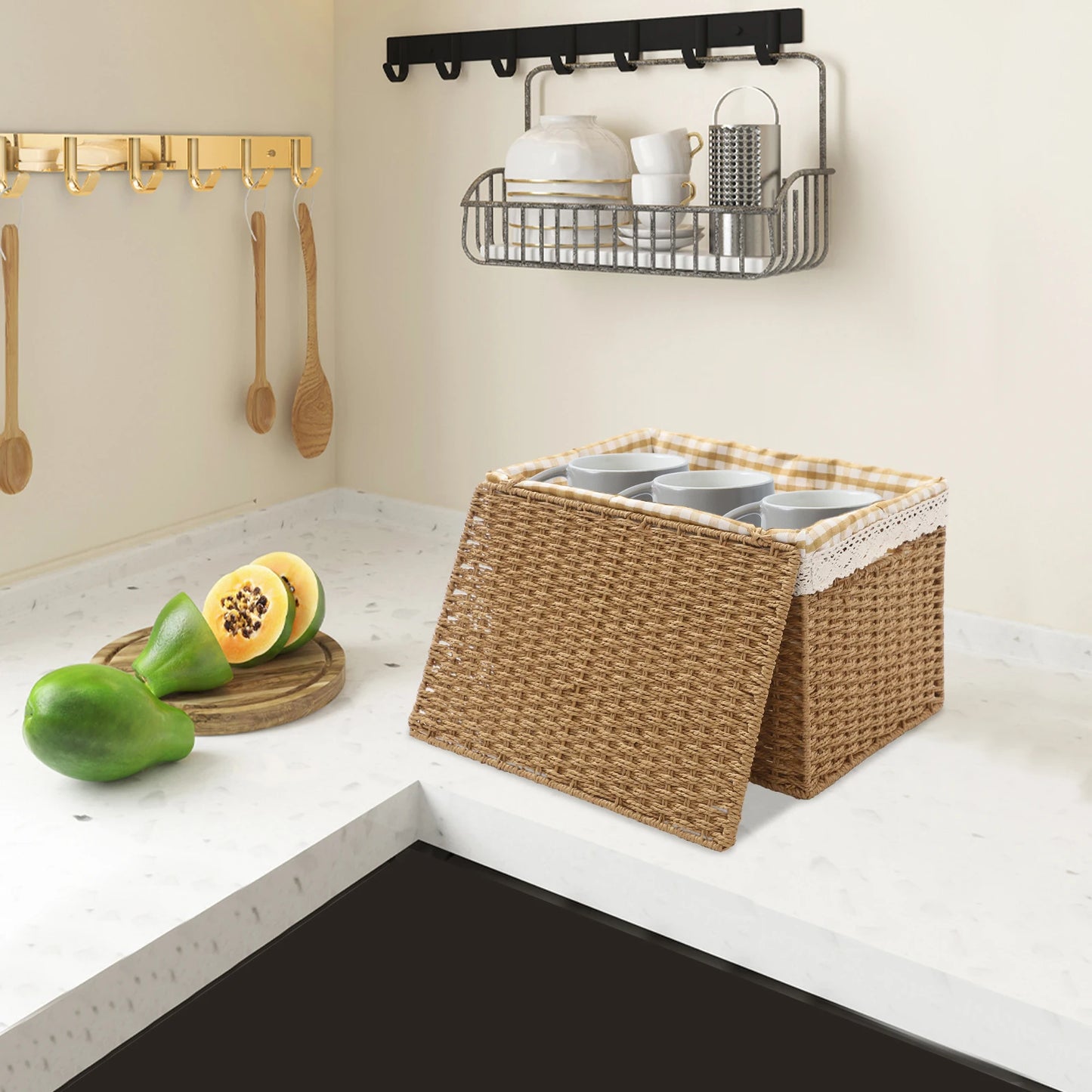 Bymaocar Woven Storage Baskets Set With Lids Sundries Organizer