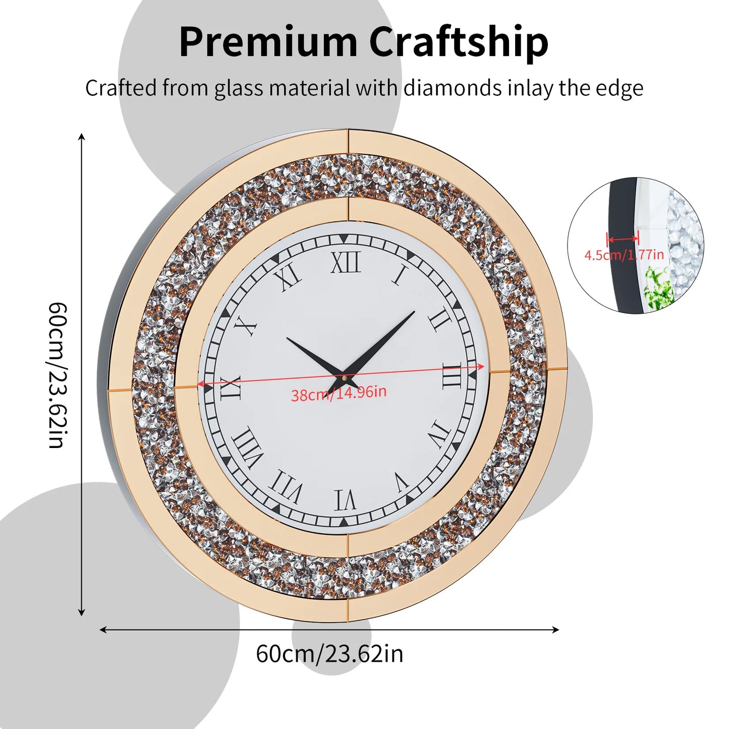 Round Mirror Clock With Crystal Sparkle Accents For Living Room