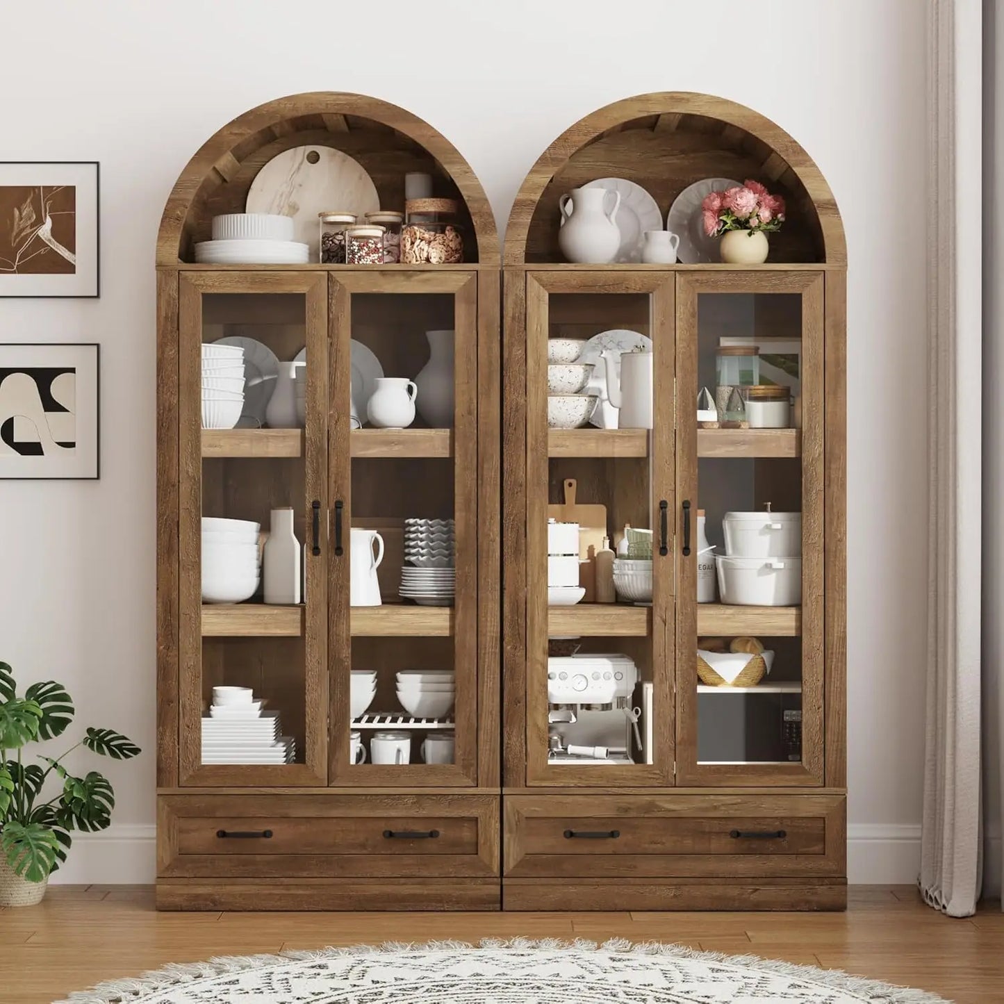 Arched Kitchen Pantry Cabinet With Glass Doors And Steel Frame