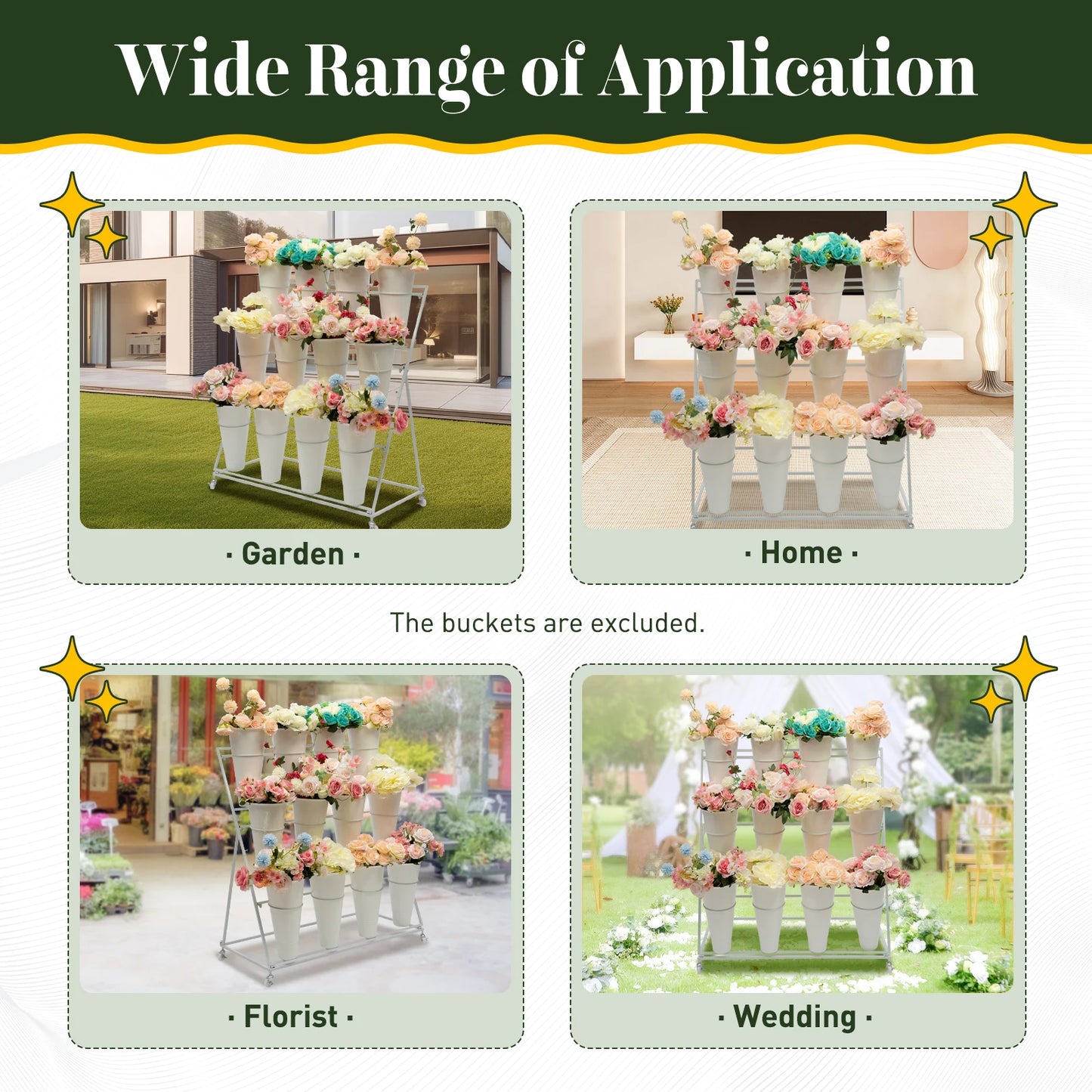 CNCEST Three-Tier Flower Display Stand With 12 Buckets And Wheels