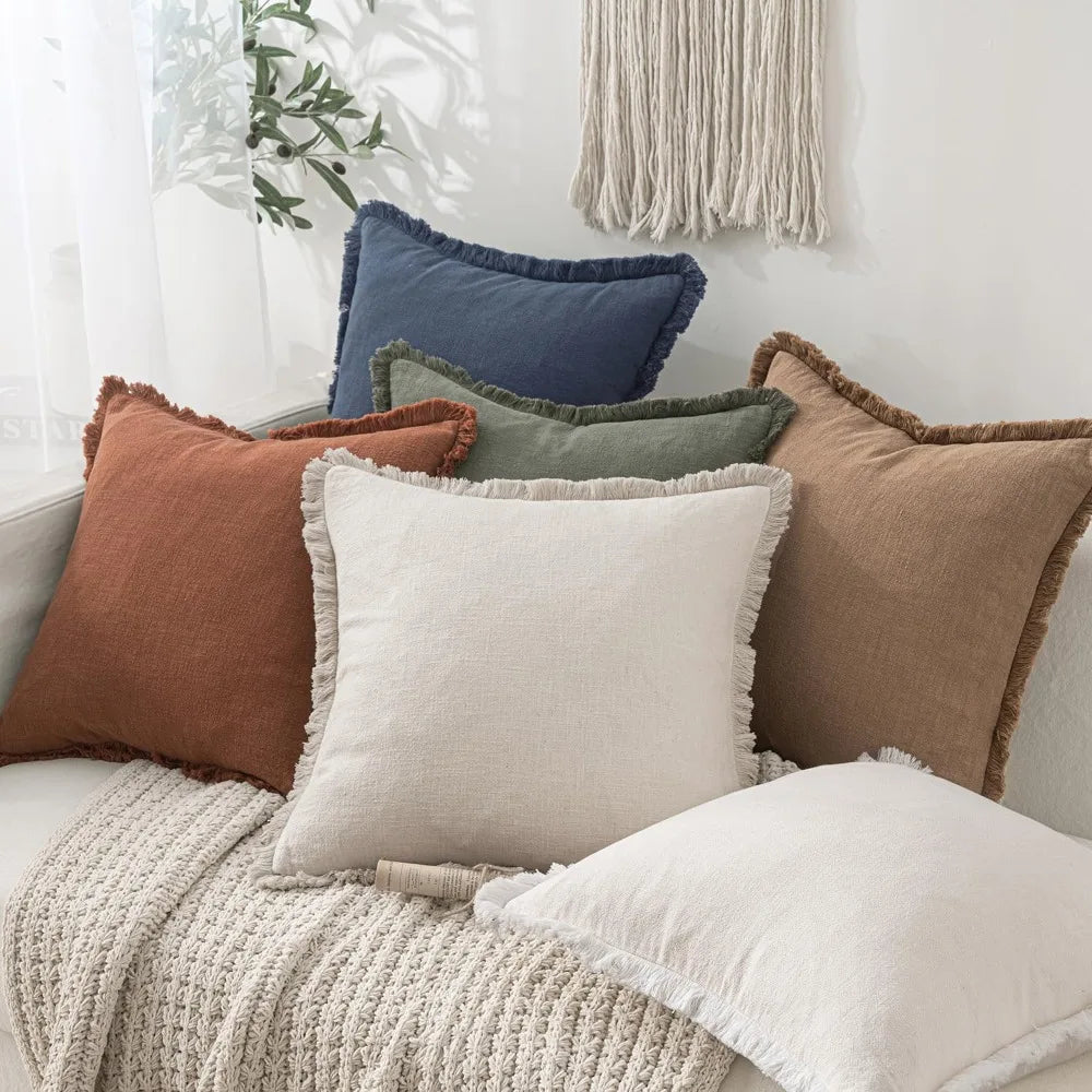 Boho Farmhouse Linen Fringe Pillow Covers Set Of 2