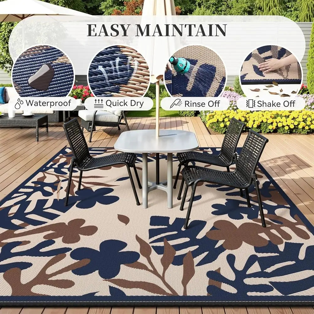 DIXSG Outdoor Rug Waterproof RV Reversible Floral Camping Patio Mat