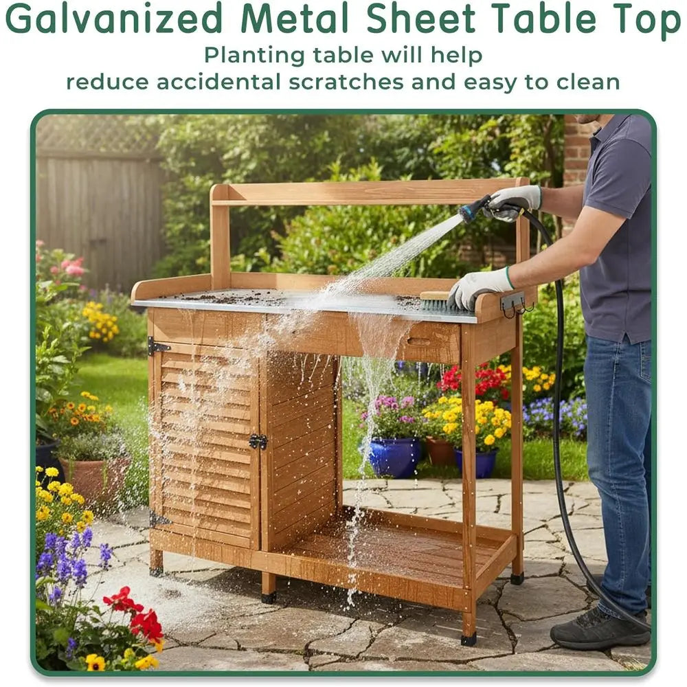 Potting Bench Table With Storage Cabinet Outdoor Garden Workstation