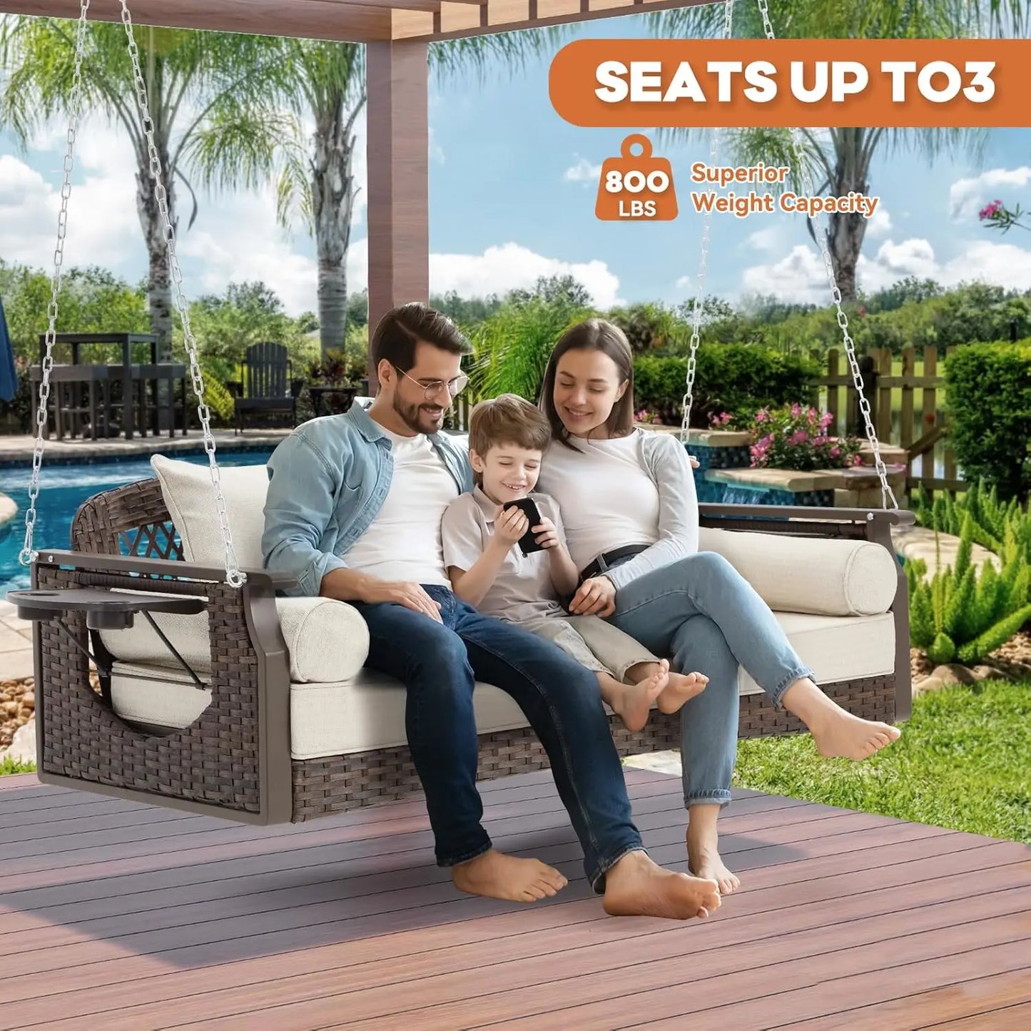 Outdoor 3 Seat Porch Swing with Cup Holders and Cushions