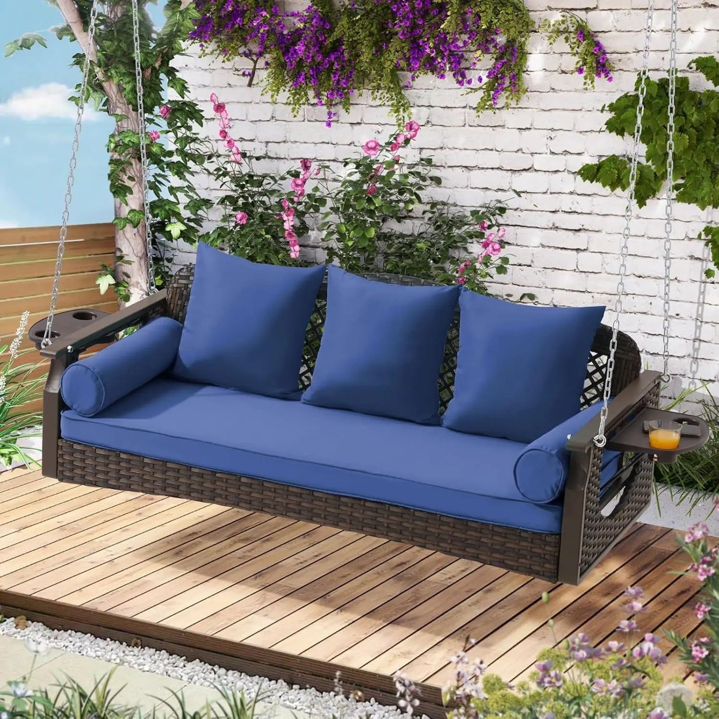 Outdoor 3 Seat Porch Swing with Cup Holders and Cushions