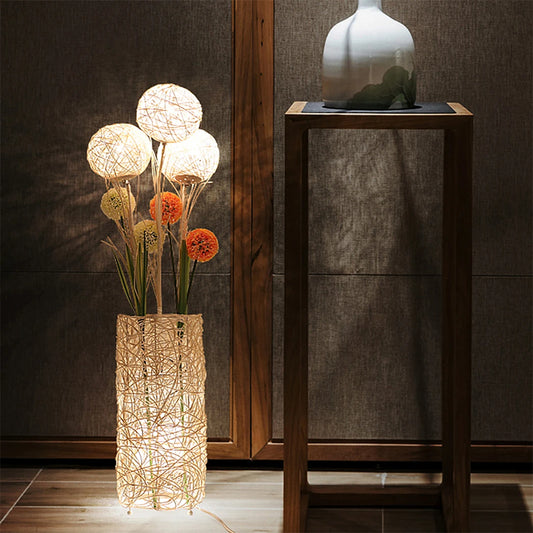 Modern Handwoven Rattan Floor Lamp with Lampshade and LED Bulb