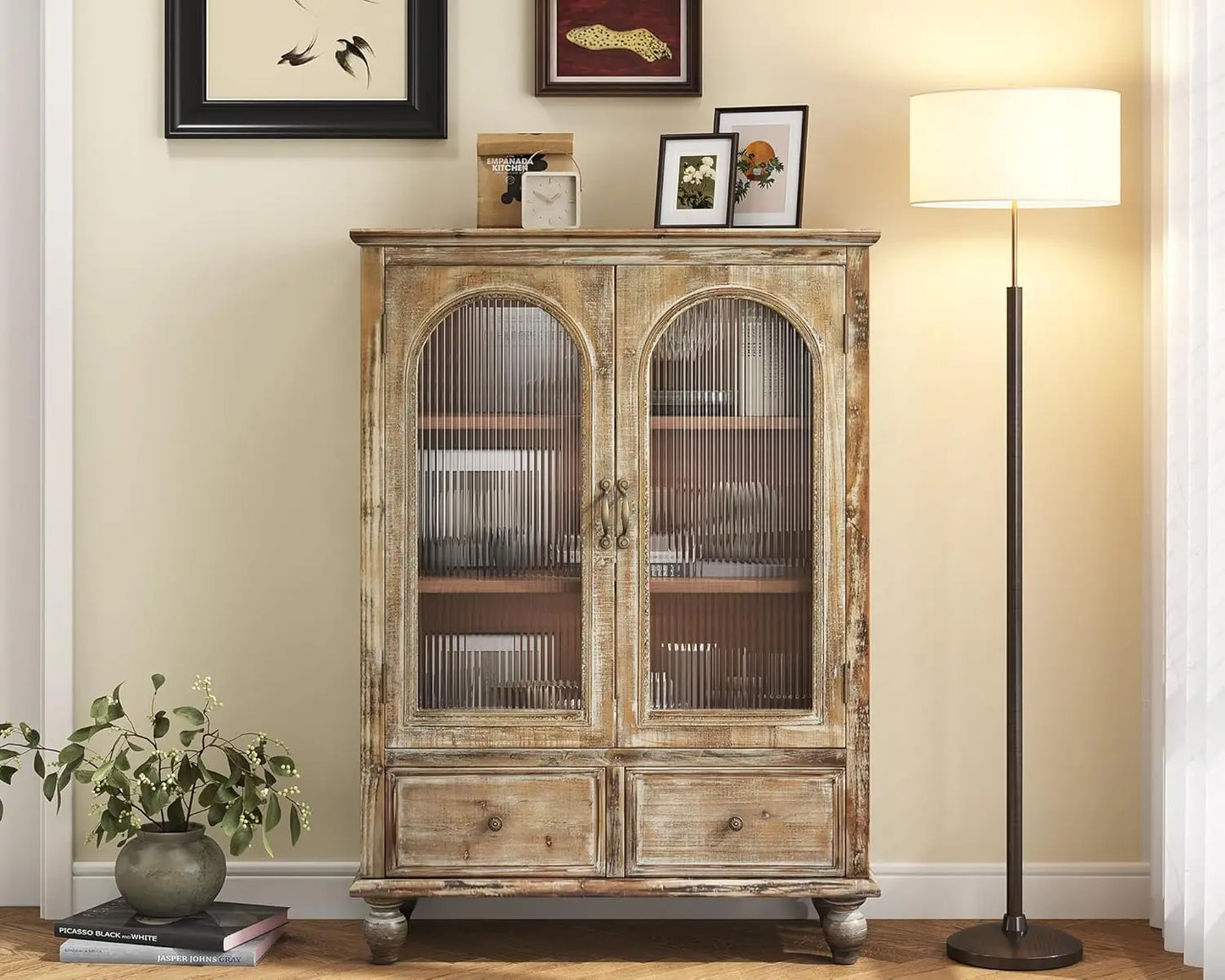 Country Vintage Sideboard Buffet Cabinet With Embossed Floral Metal Doors