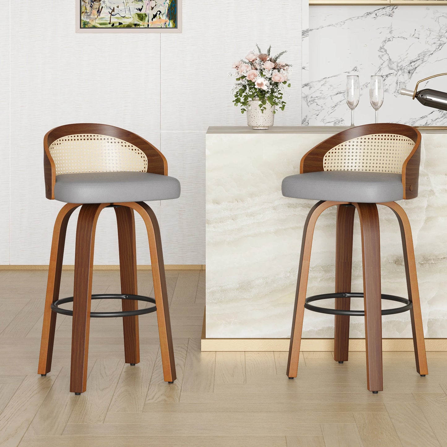 FARINI 2 Bar Stools With Rattan Back And PU Leather