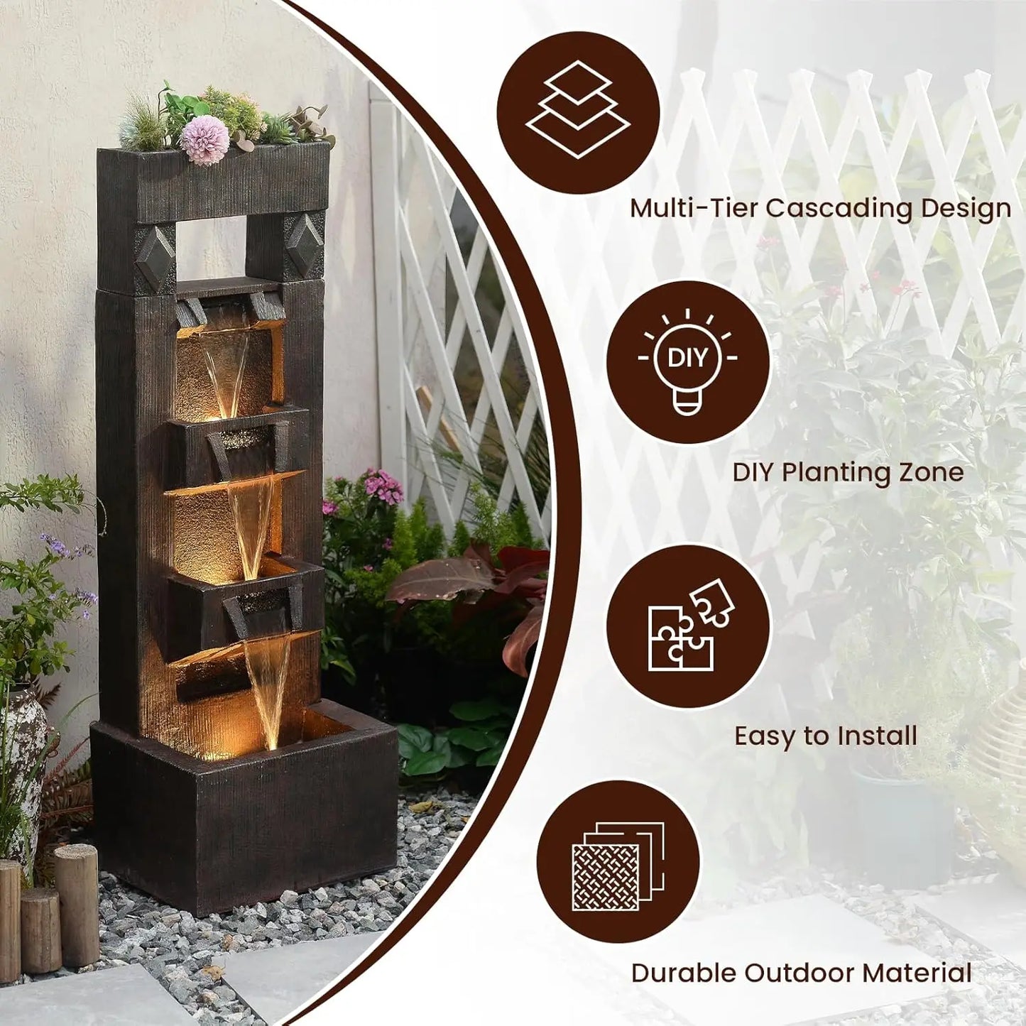 4-Tier Indoor Outdoor Water Fountain With LED Lights And Pump