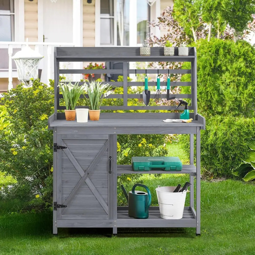 Outdoor Potting Bench Workstation With Storage Cabinet Shelving