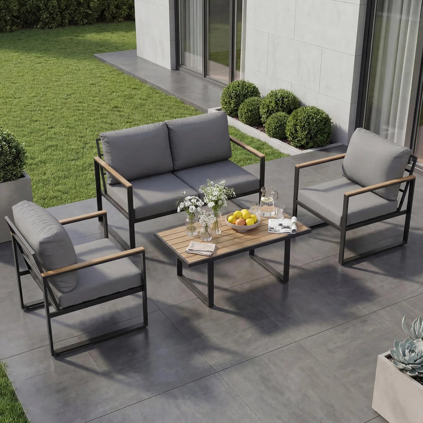 HobbyLane Modern 4 Piece Outdoor Patio Furniture Set With Coffee Table