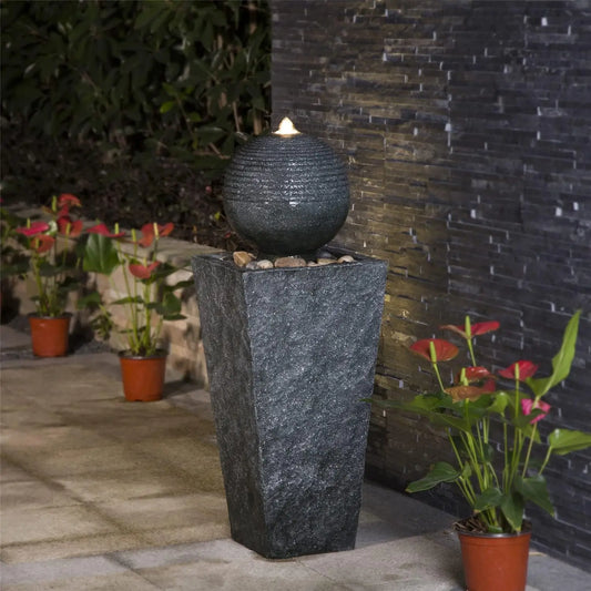 Outdoor Water Fountain With LED Light Decorative Sphere Pedestal
