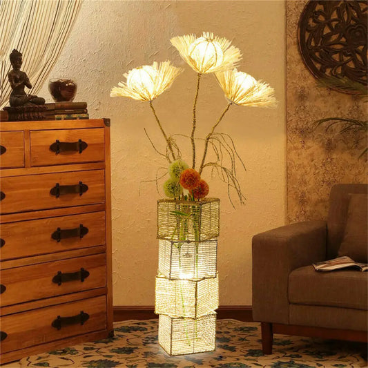 Modern Rattan Floor Lamp With Dimmable LED Night Light