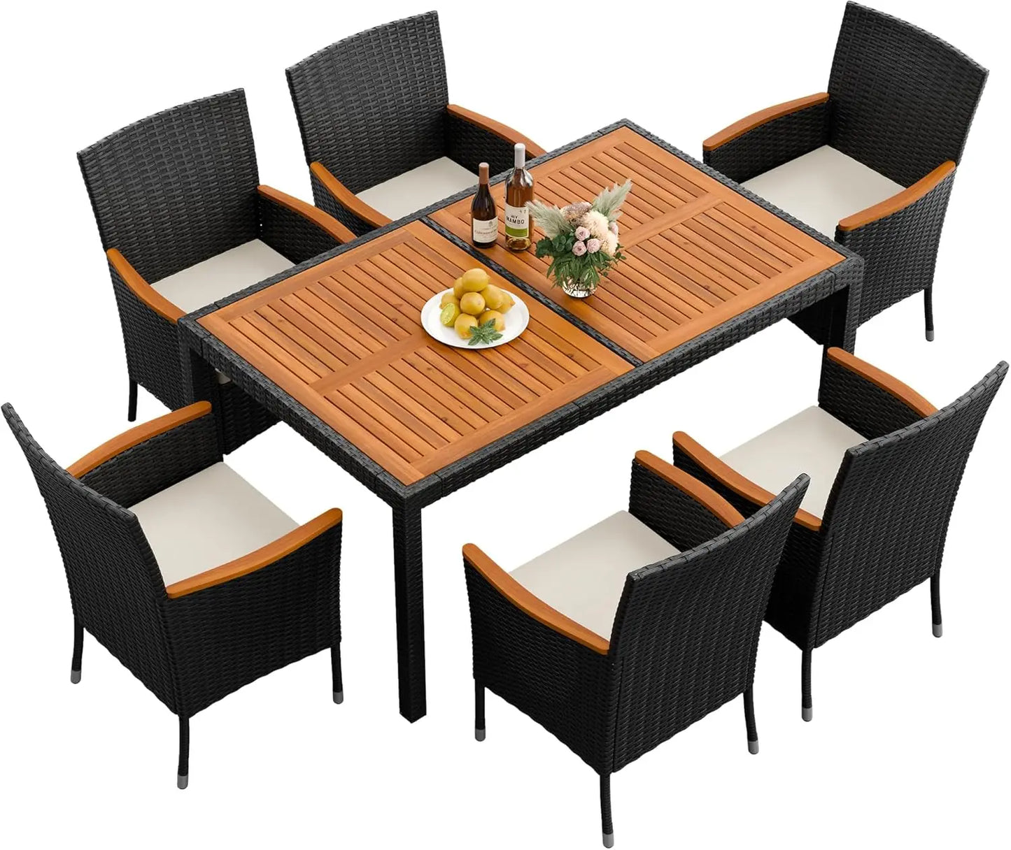 Acacia Wood Patio Dining Set With Cushions And Wicker Outdoor Furniture
