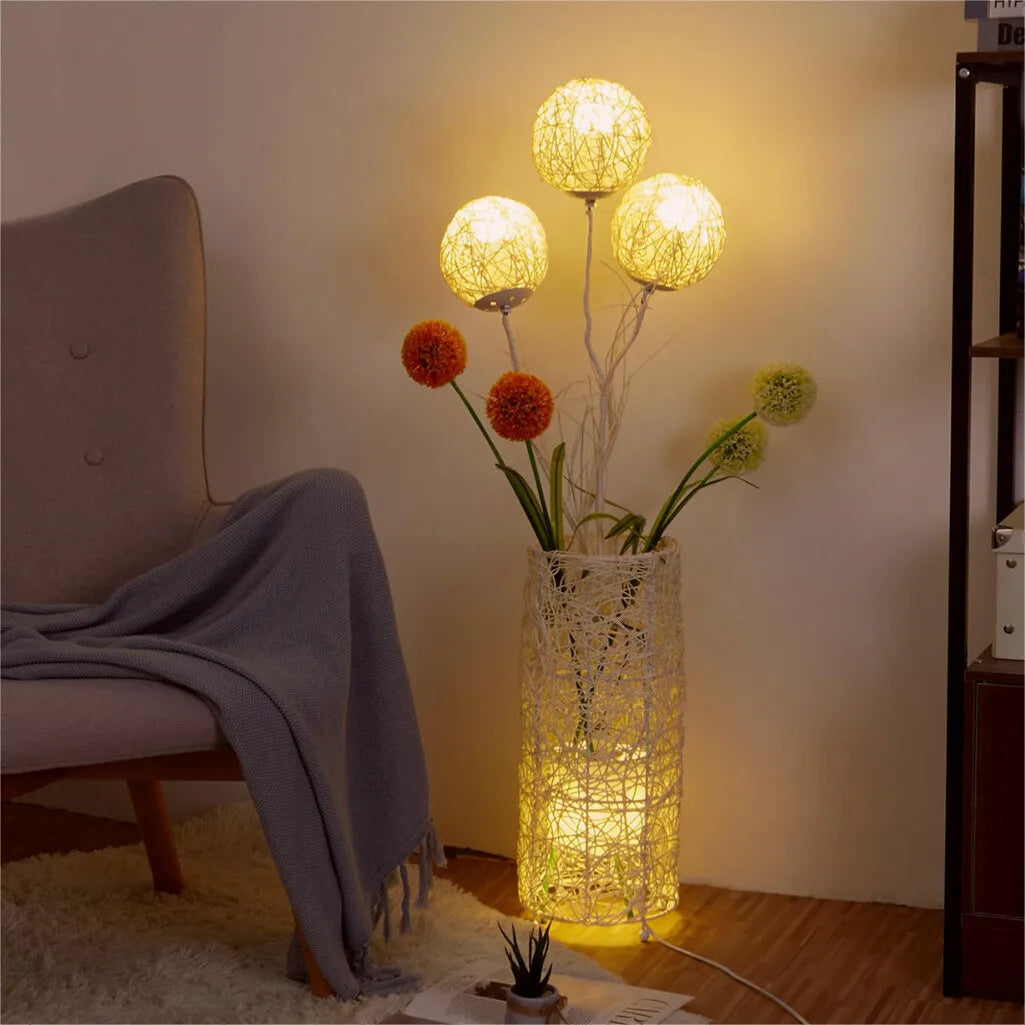 Modern Handwoven Rattan Floor Lamp with Lampshade and LED Bulb