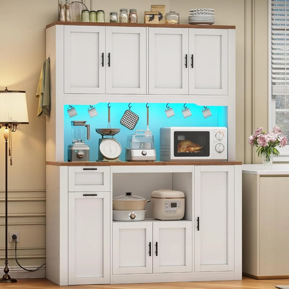 Pantry Cabinet With Microwave Stand And Charging Station LED Light